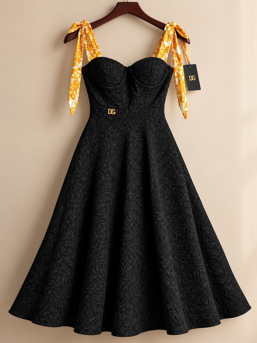 Black Jacquard Fit-and-Flare Dress with Yellow Tie Straps
